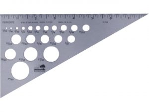 A metal ruler with holes in it.