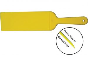 A yellow plastic tag with the name of the product and an image of it.