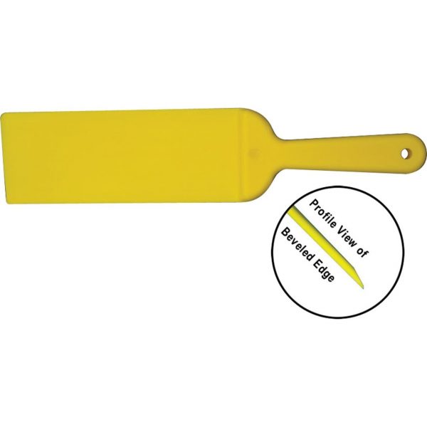 A yellow plastic tag with the name of the product and an image of it.