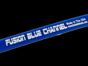 A blue and white logo on a black background