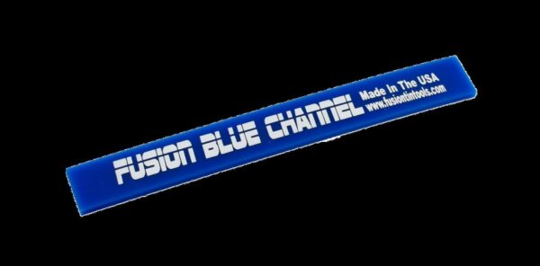 A blue and white logo on a black background