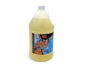 A bottle of liquid that is yellow and has some type of substance.