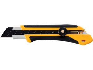 A close up of the side of a yellow and black utility knife.