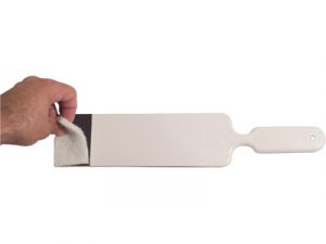 A white rectangular plate with a handle.